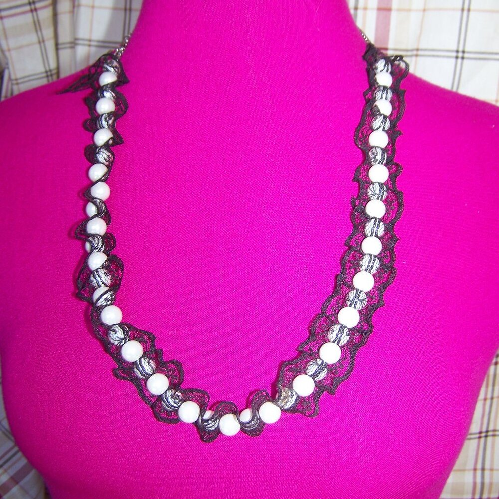 Black Lace & Faux Pearls Necklace